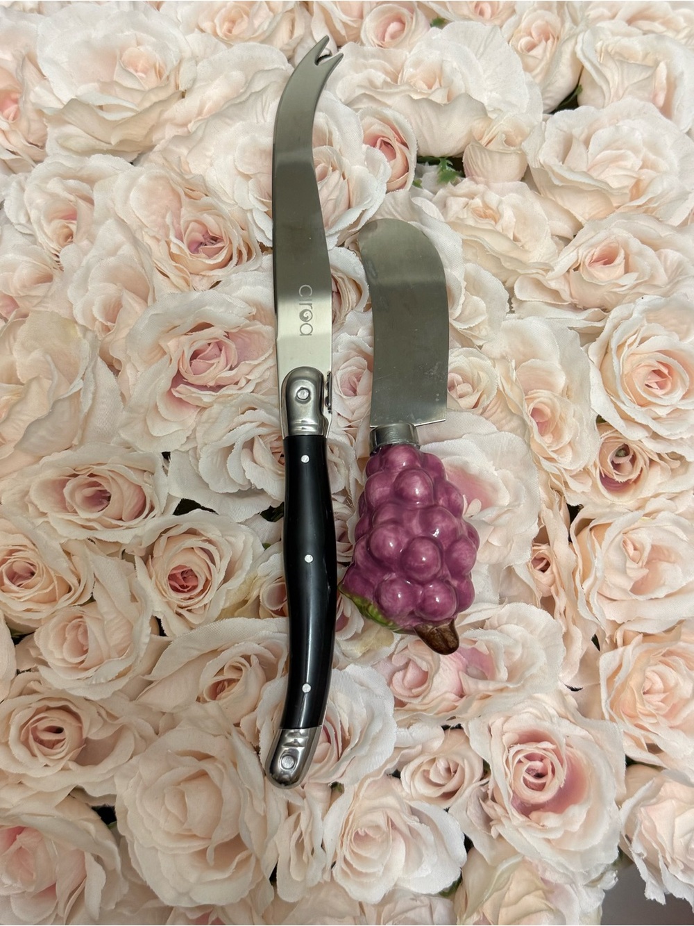 Black-Handled Cheese Knife Set with Purple Grape Spreader